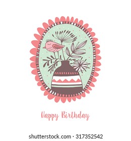 Happy birthday card with bouquet of flowers and cute bird