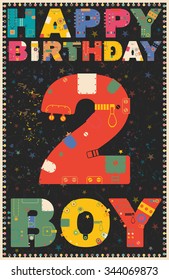 Happy birthday card. Happy birthday boy 2 years. Gift card. Vector illustration
