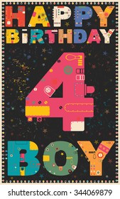 Happy birthday card. Happy birthday boy 4 years. Gift card. Vector illustration