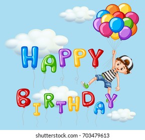Happy birthday card with boy and balloons illustration
