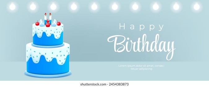 tarjeta de feliz cumpleaños para un niño con pastel 3d azul blanco y lámpara sobre fondo azul. Ilustración vectorial