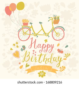 Happy birthday card in bright colors with tandem bicycle, birds, butterflies, hearts and flowers in vector