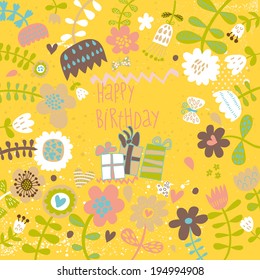 Happy birthday card in bright colors. Stylish summer background made of cartoon flowers