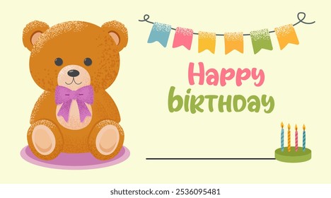 happy birthday card brown teddy bear with pink bow, cake, flags, Happy Birthday inscription, Vector	