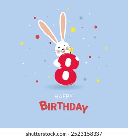 Happy birthday card with a bunny and a number of candles 8. Children's birthday is 8 years old.