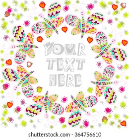 Happy Birthday card with butterfly's range. Decorative vector hand drawn alphabet. Isolated. Elements for design. White background.