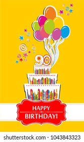 Happy birthday card. Birthday cake. 90 Anniversary. Vector Illustration