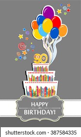 Happy birthday card. Birthday cake. 90 Anniversary. Vector Illustration