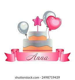 Happy birthday card with cake, balloons, calligraphy. Template in simple style script girl name Anna for invitation card, thank you card, envelopes, t-shirt, sticker, greeting card. Vector