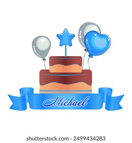 Happy birthday card with cake, balloons, calligraphy. Template in simple style script boy name Michael for invitation card, thank you card, envelopes, t-shirt, sticker, greeting card. Vector