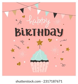 Happy birthday card with cake and calligraphy. Cute and elegant vector illustration template in trendy minimalist style