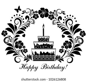 Happy birthday card with cake and candle. Celebration party icon. Vector Illustration