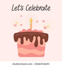 Happy birthday card with cake, candles and calligraphic lettering. Holiday illustration in flat style. Vector