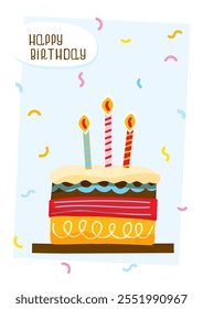 Happy birthday card with a birthday cake with candles. perfect for party invitations, festive banners, or digital designs celebrating birthdays and special occasions. Vector illustration