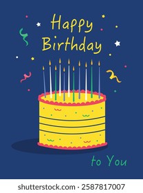 Happy Birthday Card with Cake and Candles on Dark Blue Background, A cheerful and colorful Happy Birthday greeting card design featuring a bright yellow birthday cake with lit candles