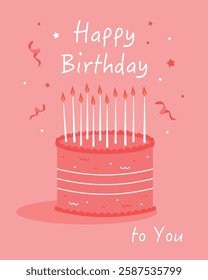 Happy Birthday Card with Cake and Candles,A cute and festive birthday greeting card illustration featuring a pink cake with lit candles and decorative elements