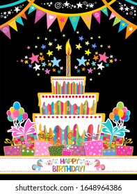 Happy birthday card. Birthday cake. Celebration black background with candle, Birthday cake, gift box, stars, garland and place for your text. Greeting, invitation card or flyer. Vector Illustration