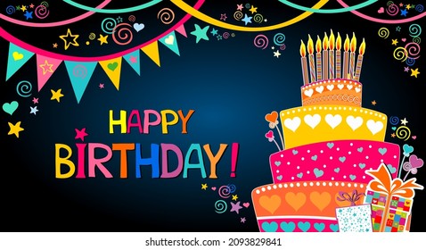 Happy birthday card. Birthday cake. Celebration black background with candle, Birthday cake, gift box, stars, garland and place for your text. Greeting, invitation card or flyer. Vector Illustration