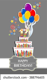 Happy birthday card. Birthday cake. Celebration grey background with number seventeen and place for your text. Vector illustration  