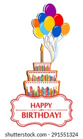 Happy birthday card. Birthday cake and Colorful Party Balloons isolated on White background. Vector Illustration