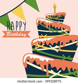 Happy birthday card. Birthday cake. Colorful birthday. Vector Illustration