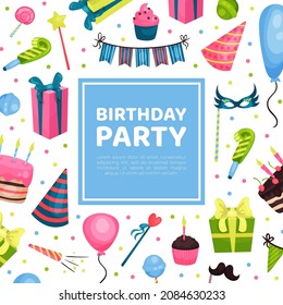 Happy Birthday Card with Cake and Confetti as Festive Symbol Vector Template