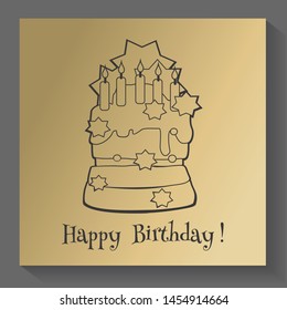 Happy birthday card with cake in doodle style on golden background. Outline vector illustration.