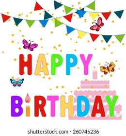 Happy birthday card with cake, flag, confetti and butterfly
