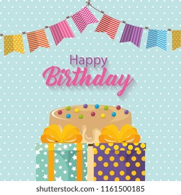 happy birthday card with cake and garlands