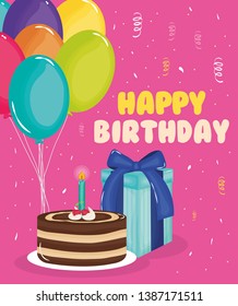 happy birthday card with cake , gift and balloons helium