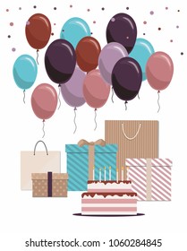 Happy birthday card with cake, gifts and balloons Isolated on White Background
