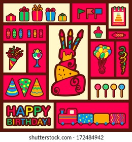 Happy birthday card with cake and gifts. Vector illustration