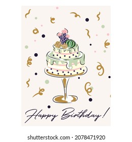 Happy birthday card with cake. Birthday greetings confetti vector card design