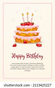 Happy birthday card. Cake with light layers, pink cream, strawberries and three candles on a light beige background. Vector illustration.