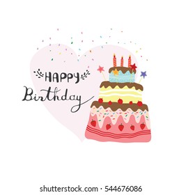 happy birthday card with cake and pink heart vector
