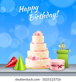 Happy birthday card with cake presents cone hats on blue bubbled background festive realistic image vector illustration 