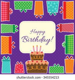 Happy Birthday card with cake and presents