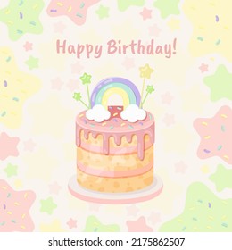 Happy birthday card with cake, with rainbow, clouds and candles, with pink, green, yellow and blue color.