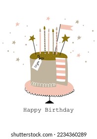 Happy Birthday card with birthday cake. Vector