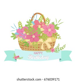 Happy birthday card with cake vector illustration. 