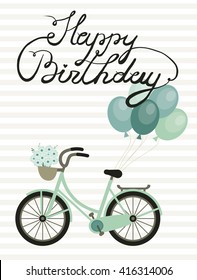 Happy Birthday. Card for birthday with calligraphy. Children's birthday party.  Cute vector birthday card.  Lettering. Bicycle.  Cute bike with balloons.