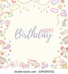 Happy Birthday card can be used for holiday cards, invitation, postcard, banner or website. Hand drawn illustration of flowers, leaves, feathers, balloon, heart, rainbow.