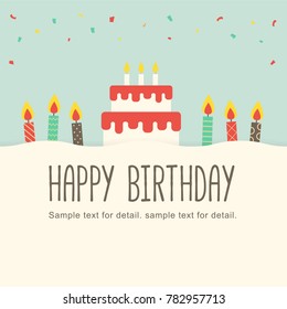 Happy birthday card with candle and cake in retro background. Greeting card cover template.