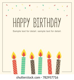 Happy birthday card with candle in retro background. Greeting card cover template.