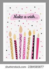 Happy birthday card with candles, confetti and calligraphy. Cute vector illustration template in flat style