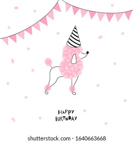 Happy Birthday card with Candy Pink Poodle dog in cone hat illustration isolated on white background. Bread doggy pet simple linear clip-art. Clean line animal drawing vector.