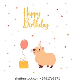 Happy birthday card with capybara.Invitation template. Vector illustration of a baby card.