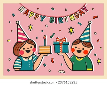 Happy birthday card with cartoon boy and girl holding a gift and cake illustration on pink background. Sticker style greeting card in retro style. Cute postcard for child or design for your brand.