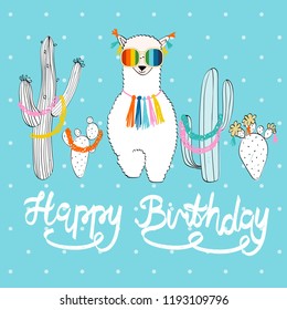 Happy birthday card with cartoon and cactuses.