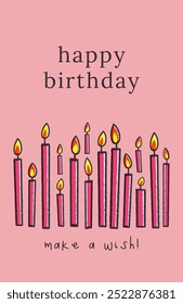 Happy Birthday card with cartoon candles illustration on pink background. Sticker style greeting card in retro style. Cute postcard for child or design for your brand.